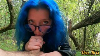 cutie in glasses with blue hair fucks and gives a good blowjob in the woods - porn video